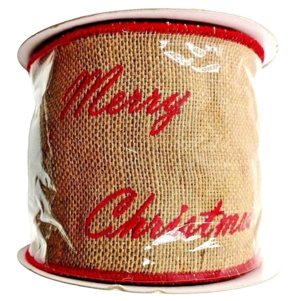 Merry Christmas Embroidered‎ Burlap Wired 4" Ribbon Beige Red Farmhouse Crafting